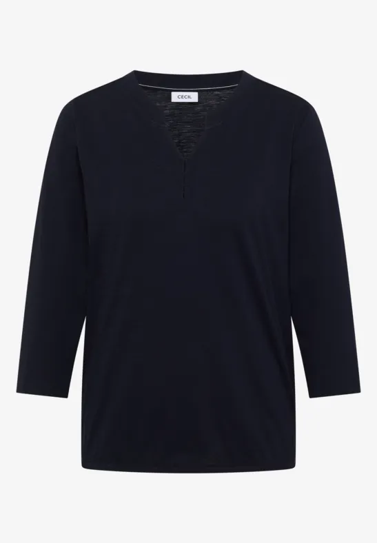 Schlichtes, dunkelblaues Damen-Shirt mit V-Ausschnitt und 3/4-Ärmeln.