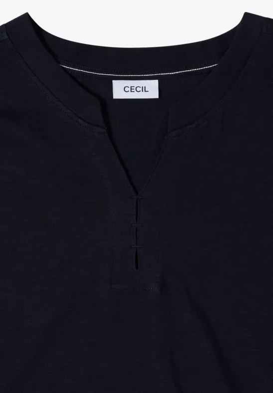 Schwarzes Damen-Shirt mit V-Ausschnitt und Ziernaht am Kragen, Label 'CECIL' innen.