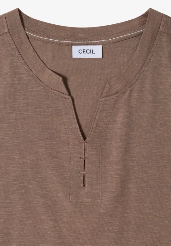 Braunes Damen-T-Shirt mit V-Ausschnitt und kurzer Knopfleiste, Marke CECIL.