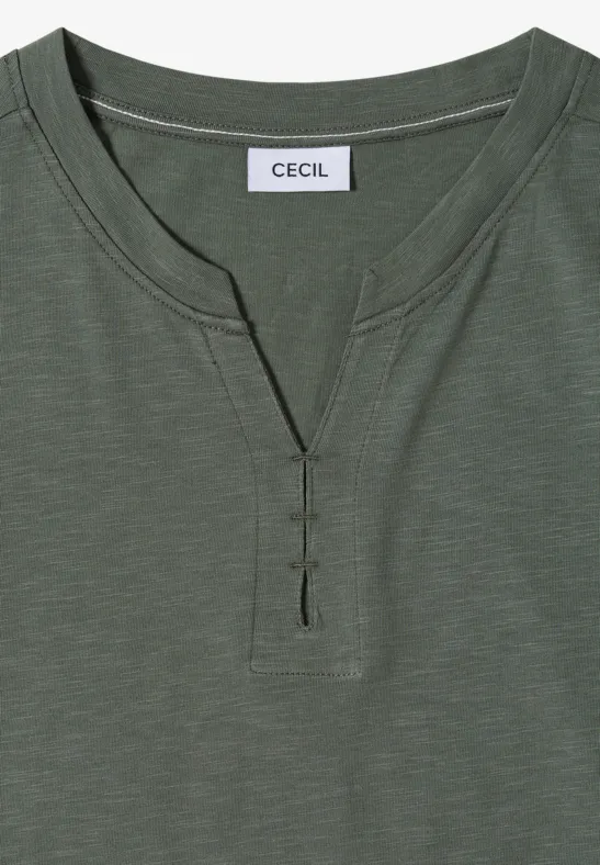 Olivgrünes Henley-Shirt mit Knopfleiste und Rundhals-Ausschnitt von Cecil.