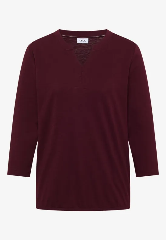 Bordeauxrotes Damenshirt mit 3/4-Ärmeln und V-Ausschnitt.