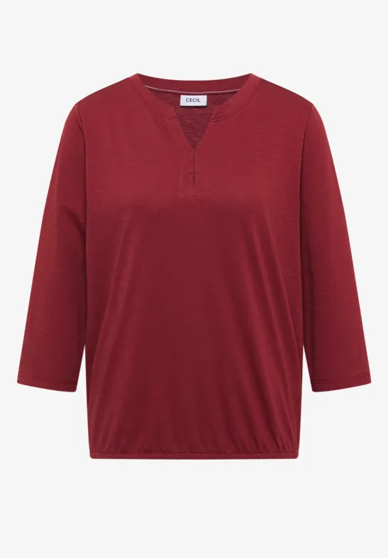 Rotes Damen-Shirt mit 3/4-Ärmeln, V-Ausschnitt und elastischem Bund.