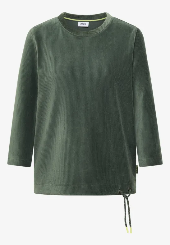 Dunkelgrünes, langärmeliges Shirt mit Rundhalsausschnitt und seitlicher Kordel.