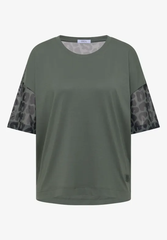 Losvallend olijfgroen T-shirt met ronde hals en grafisch gemêleerde mouwen.