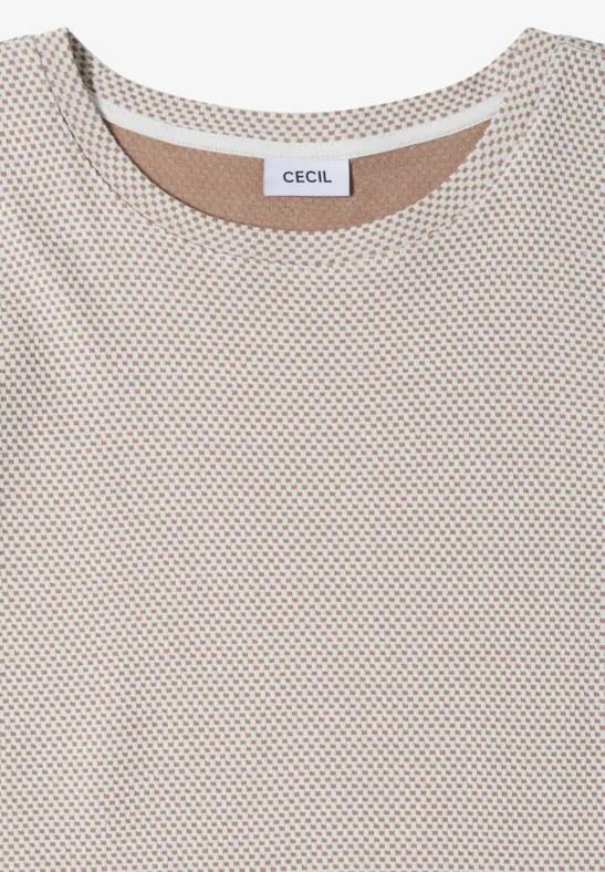 Beiges T-Shirt mit feinem Punktemuster, Rundhalsausschnitt und 'CECIL'-Etikett am Rücken.