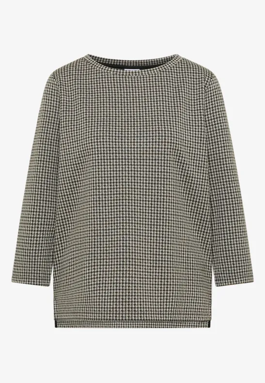 Damenpullover mit klassischem Hahnentrittmuster, Rundhalsausschnitt und 3/4-Ärmeln, gerade geschnitten.