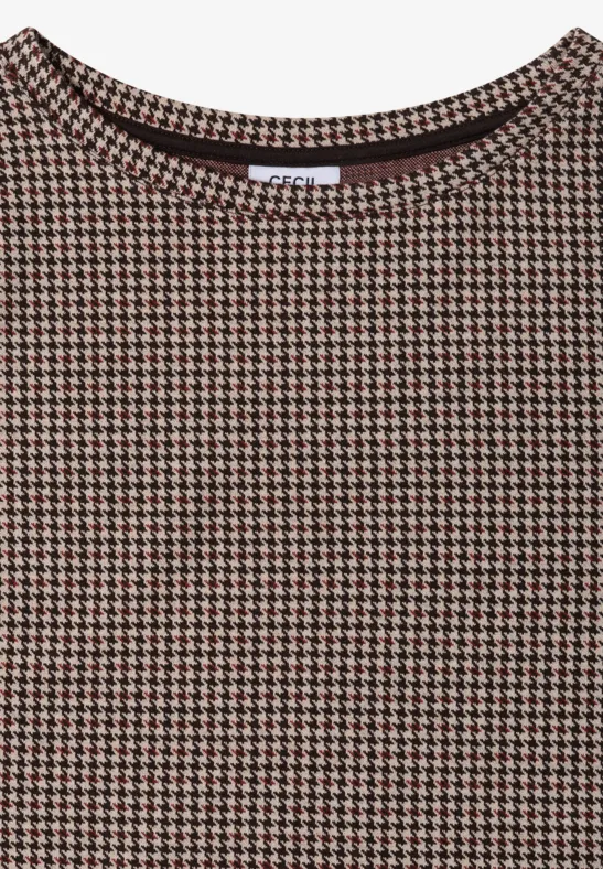 Ärmelloses Damenoberteil mit Hahnentritt-Muster in Beige und Schwarz, mit rundem Ausschnitt.