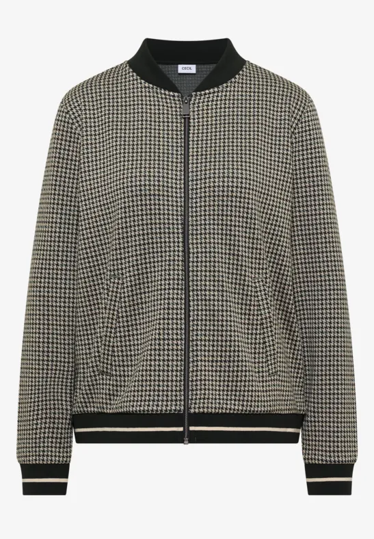 Leichte Bomberjacke mit Hahnentritt-Muster, schwarzen Rippbündchen und durchgehendem Reißverschluss.