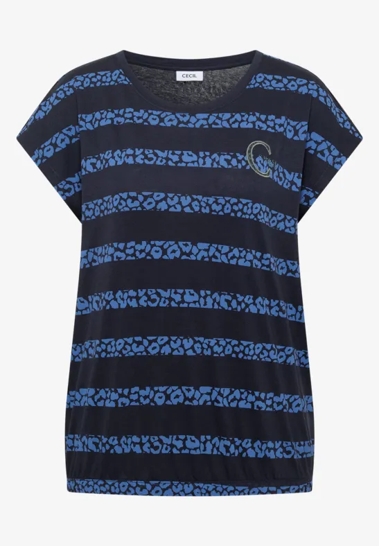Locker geschnittenes schwarzes T-Shirt mit breiten blauen Leopardenmuster-Streifen.