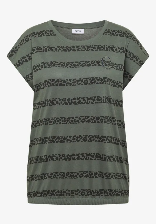 Olivgrünes T-Shirt mit schwarzen Leoparden-Print-Streifen, überschnittener Schulter und Brusttasche