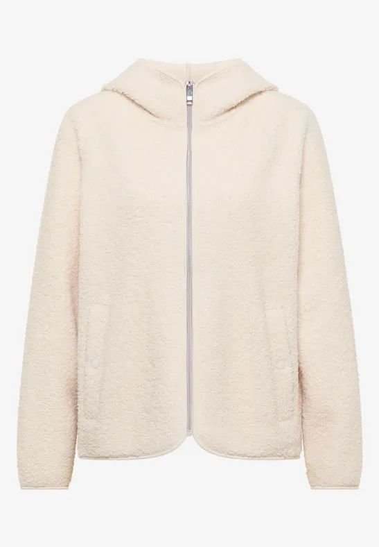 Beige Teddy-Fleece-Jacke mit Kapuze, Reißverschluss und Eingrifftaschen.