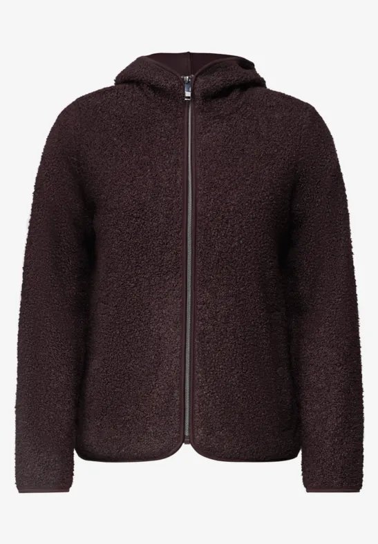 Dunkelbraune, flauschige Fleece-Jacke mit durchgehendem Reißverschluss und Kapuze.