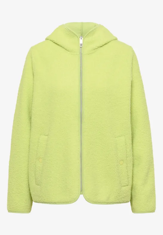 Hellgrüner, kuscheliger Kapuzenpullover mit Reißverschluss und aufgesetzten Taschen