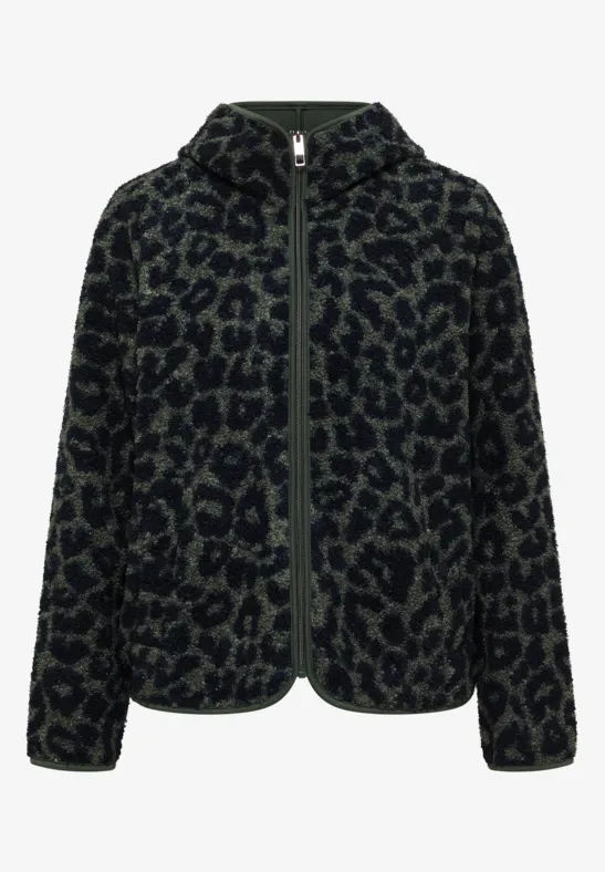 Flauschige Kapuzenjacke mit Reißverschluss, dunkelgrün-schwarzes Leopardenmuster.