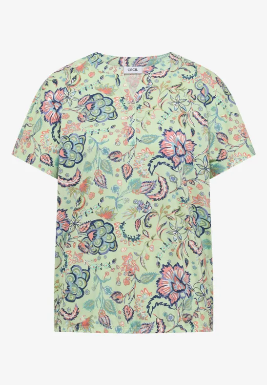 Pastellgrünes T-Shirt mit rosa-blauem Blumenmuster