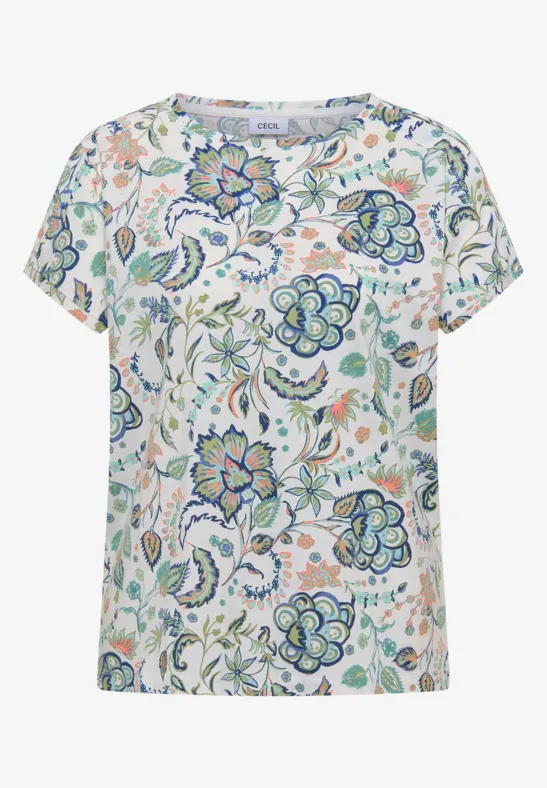 Wit T-shirt met korte mouwen en kleurrijk bloemmotief in blauw- en groentinten.
