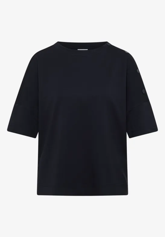 Eenvoudig zwart T-shirt met ronde hals, korte mouwen en losse pasvorm.