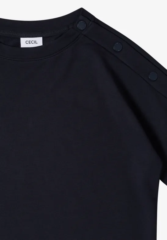 Zwart katoenjersey T-shirt met korte mouwen, ronde hals en decoratieve knopen op de schouder.
