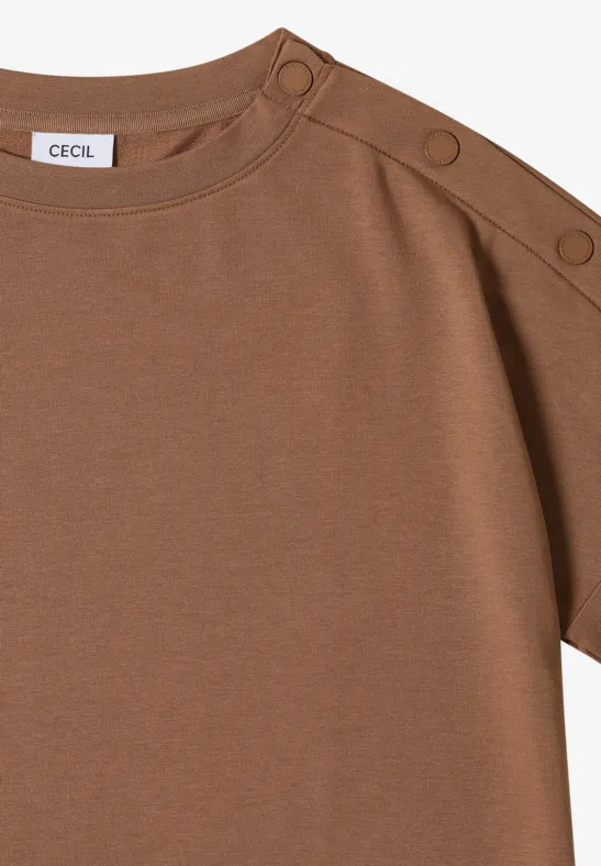T-shirt marron manches courtes à boutons-pression sur l’épaule, style épuré