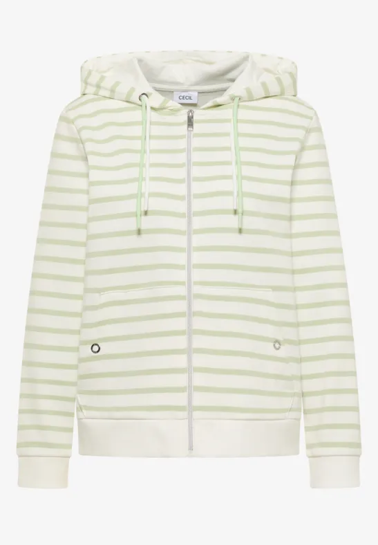 Weiße Kapuzenjacke mit hellgrünen Querstreifen, Reißverschluss und seitlichen Taschen.
