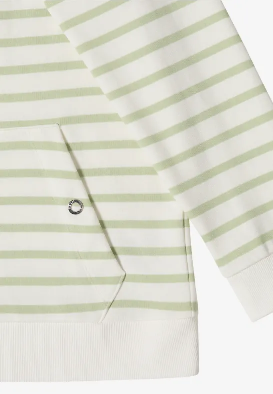 Weiß-grün gestreiftes Sweatshirt mit seitlicher Tasche und Metallösen-Detail.