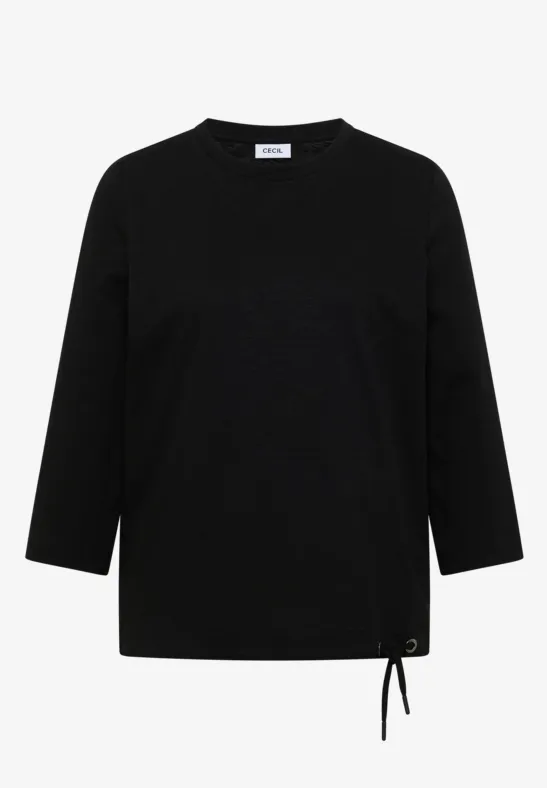 Zwart shirt met driekwartmouwen en koordsluiting aan de zoom
