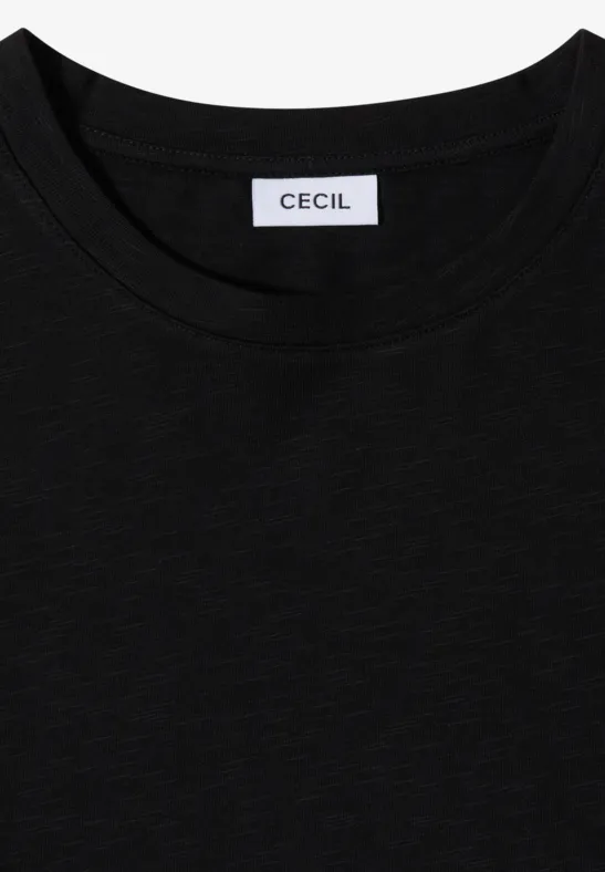 Zwart T-shirt met ronde hals en wit label "CECIL".