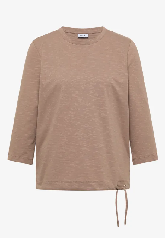 Beiger, legerer Langarm-Pullover mit Rundhalsausschnitt und seitlichem Kordelzug am Saum.