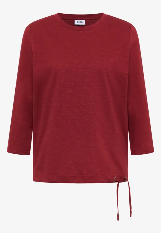 Rood shirt met driekwartmouwen en zijstrikdetail.