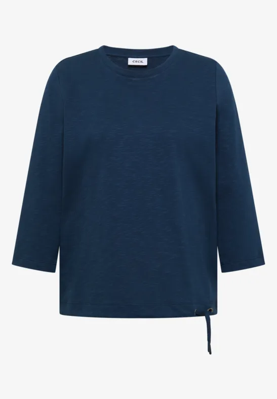 Dunkelblaues Damen-Shirt mit 3/4-Ärmeln, Rundhalsausschnitt und seitlichem Kordelzug am Saum.