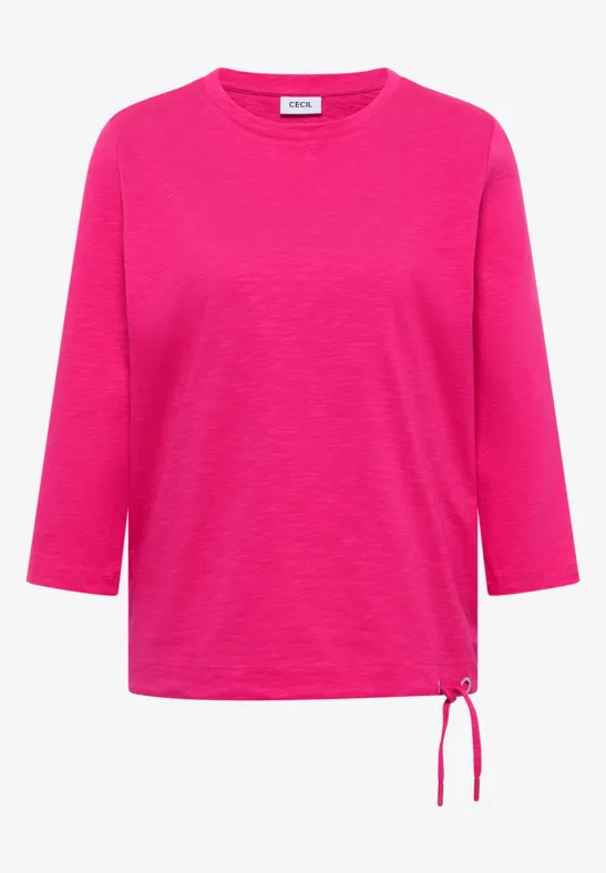 Rosa 3/4-Arm-Shirt mit rundem Ausschnitt und seitlichem Kordelzug am Saum.