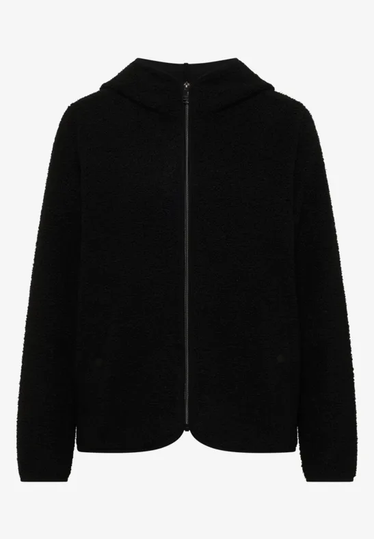 Schwarze Kapuzenjacke aus Bouclé-Stoff mit durchgehendem Reißverschluss.