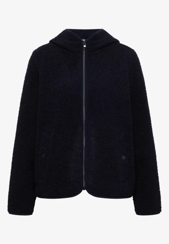 Dunkelblaue Teddy-Fleece-Kapuzenjacke mit Reißverschluss und Taschen.