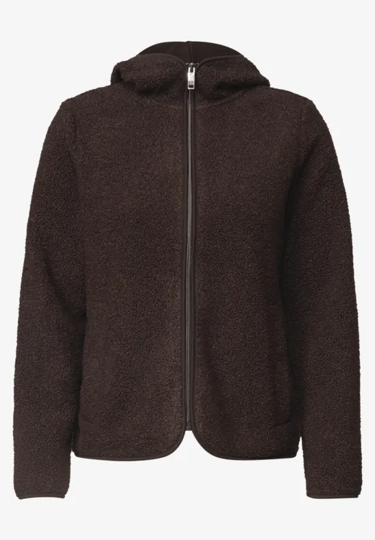 Donkerbruine teddyfleece jas met capuchon en volledige ritssluiting.