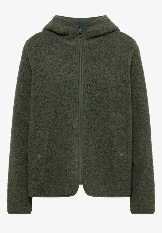 Grüne Teddy-Fleecejacke mit Kapuze, Reißverschluss und zwei Druckknopftaschen.