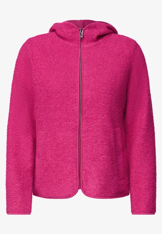 Veste polaire légère rose avec capuche et fermeture éclair intégrale.