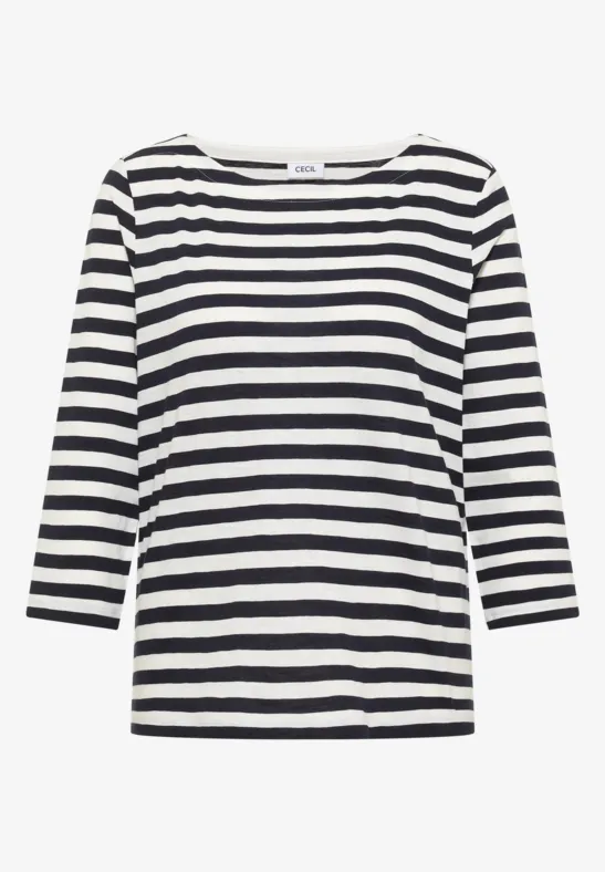 Zwart-wit gestreept shirt met driekwart mouwen en ronde hals.