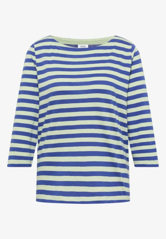 Damesshirt met blauwe en witte strepen, 3/4-mouwen en ruime ronde hals.