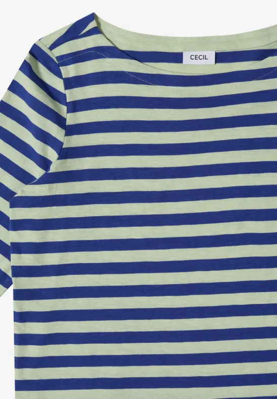 T-shirt met korte mouwen en groen-blauwe strepen.