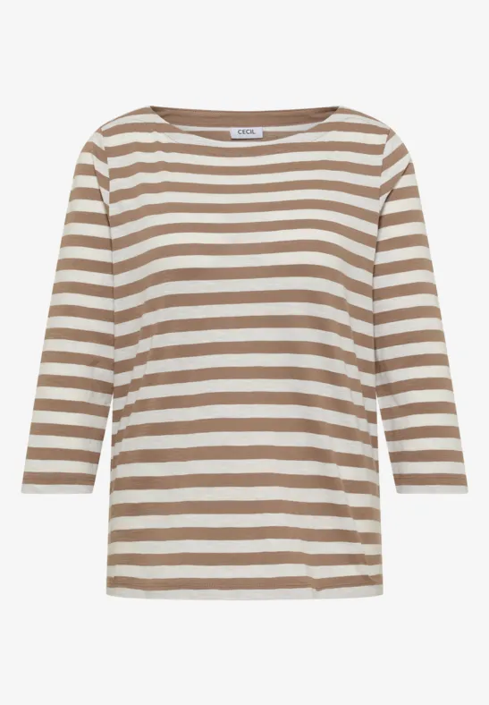 Beiges und weißes, gestreiftes Damen-Shirt mit 3/4-Ärmeln und rundem Ausschnitt.