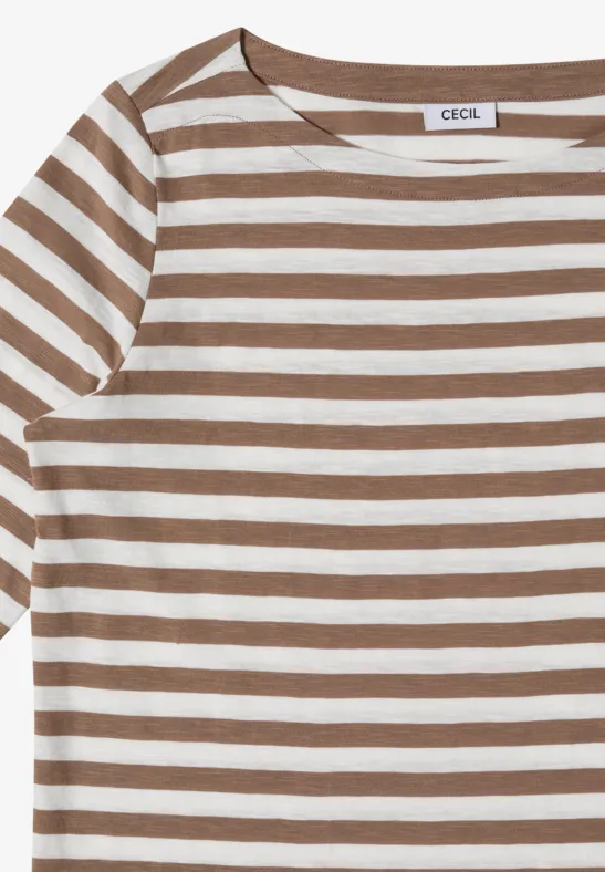 Braun-weiß gestreiftes Kurzarmshirt mit rundem Ausschnitt.