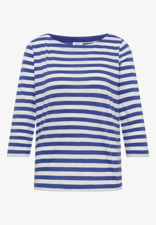 Blauw-wit gestreept longsleeve T-shirt met ronde hals