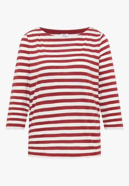 Wit-rood gestreept 3/4-mouwshirt met ronde hals.