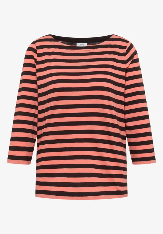 Damesshirt met 3/4-mouwen, brede koraal- en zwarte strepen en ronde hals.