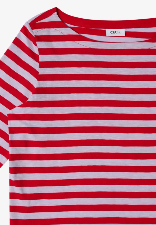 Kurzärmliges T-Shirt mit roten und weißen horizontalen Streifen, lässiges Freizeit-Oberteil.