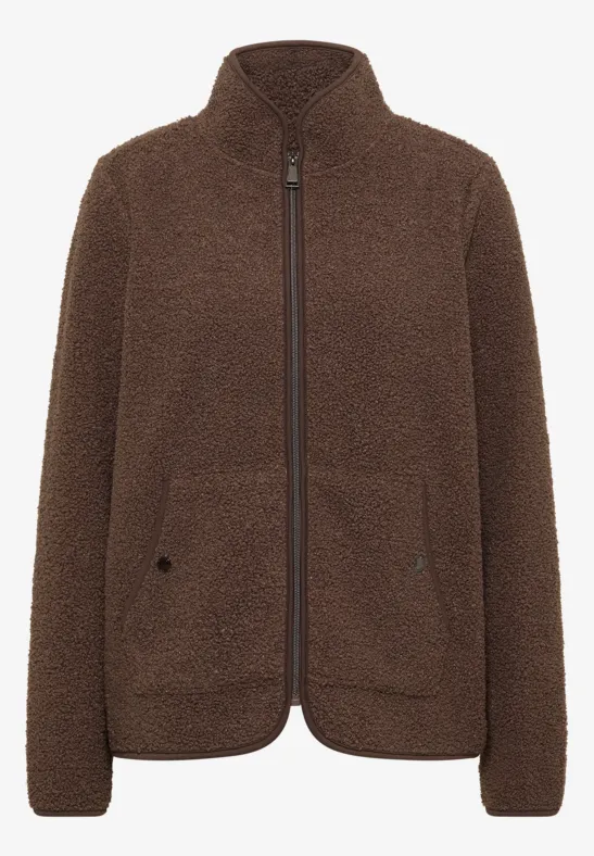 Braune Fleecejacke mit Stehkragen, durchgehendem Reißverschluss und Taschen