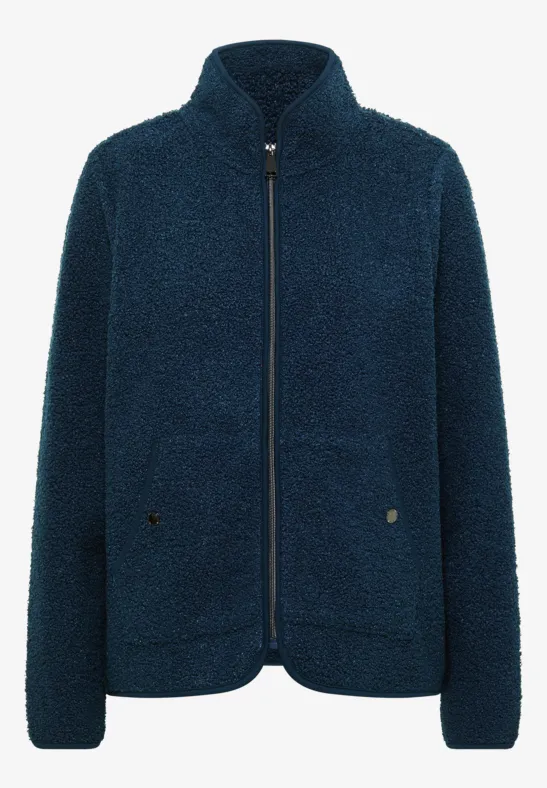 Navyblauer Teddy-Fleece-Blouson mit Stehkragen, Reißverschluss und zwei aufgesetzten Taschen.