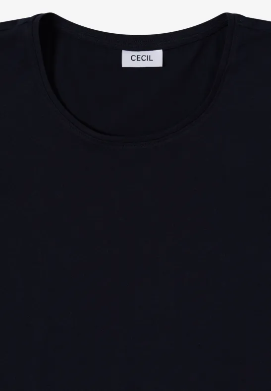 Czarny t-shirt z okrągłym dekoltem i metką CECIL wewnątrz kołnierza.