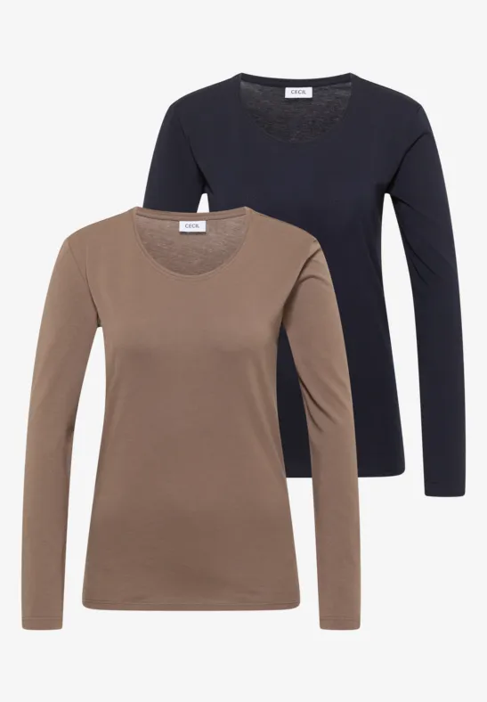 Deux t-shirts à manches longues unis, un brun et un noir.