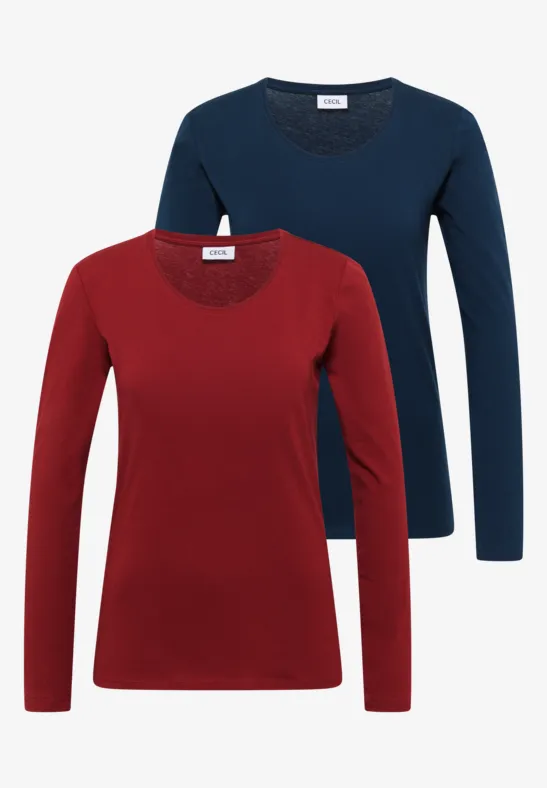 Deux t-shirts à manches longues pour femme en bleu marine et bordeaux à col rond.